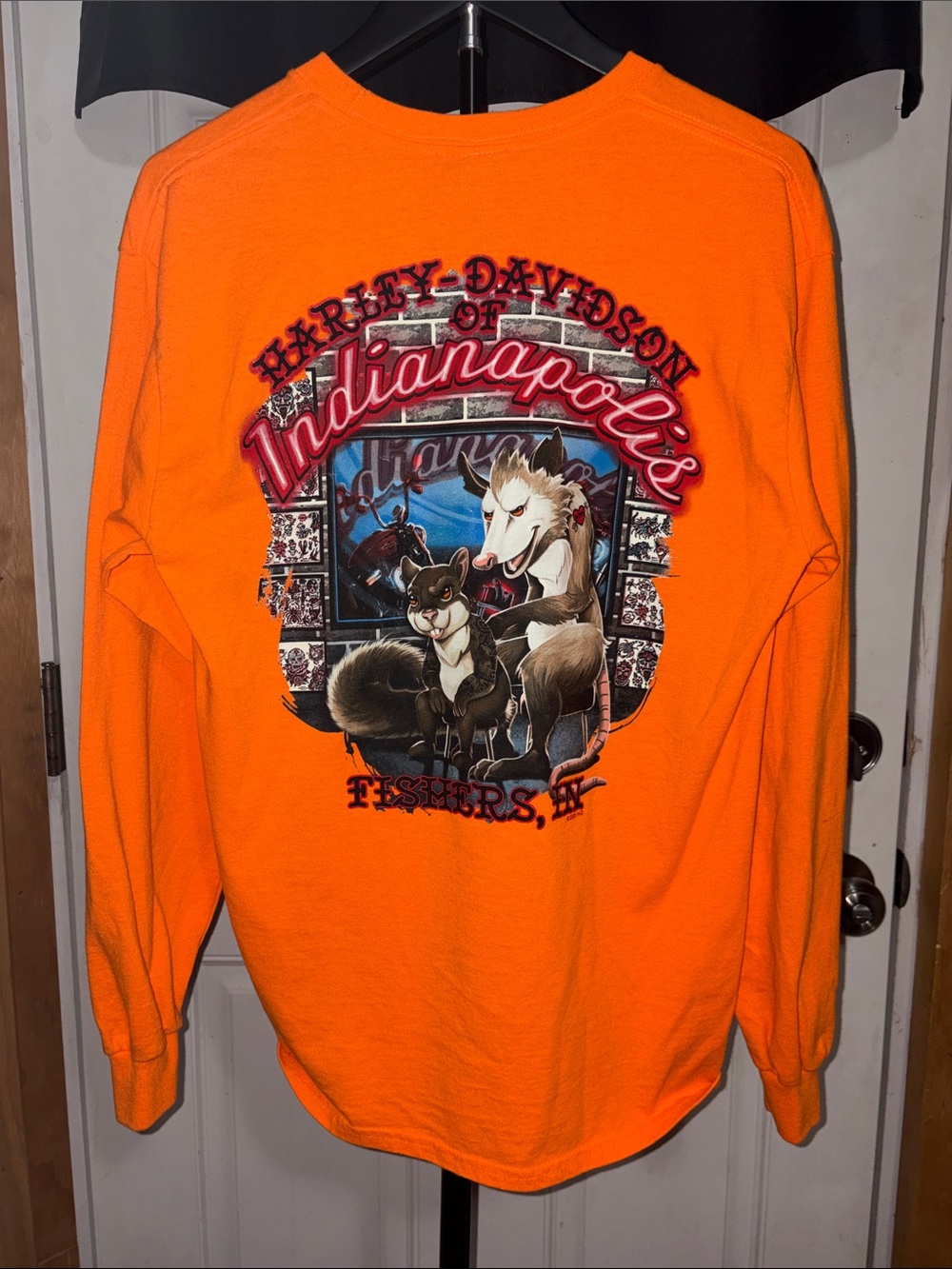 Harley Davidson Long Sleeve Orange Double Graphic with Possum&Squirrel Tattoo